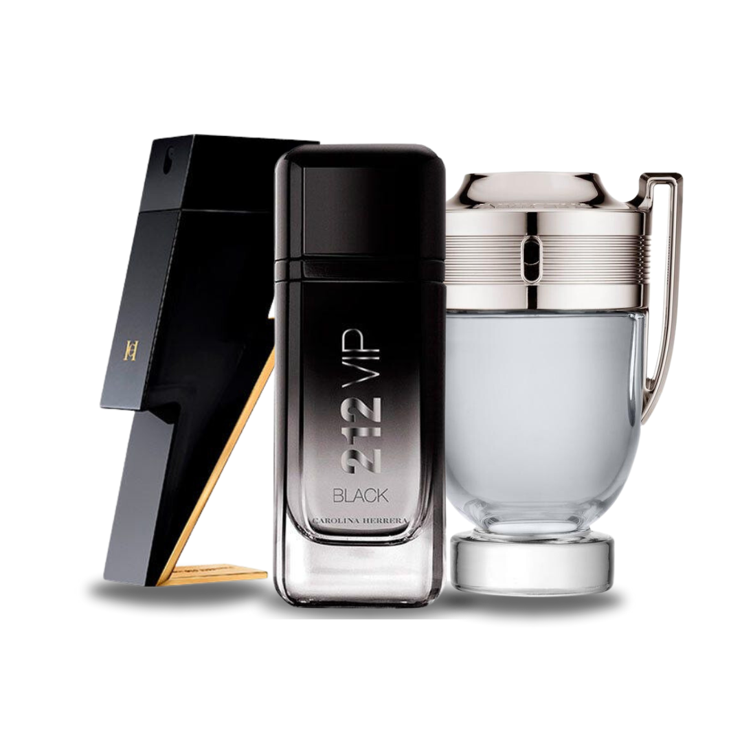 Paquete de 3 perfumes: Carolina Herrera BAD BOY, Carolina Herrera 212 VIP BLACK, Paco Rabanne INVICTUS (Eau de Parfum)